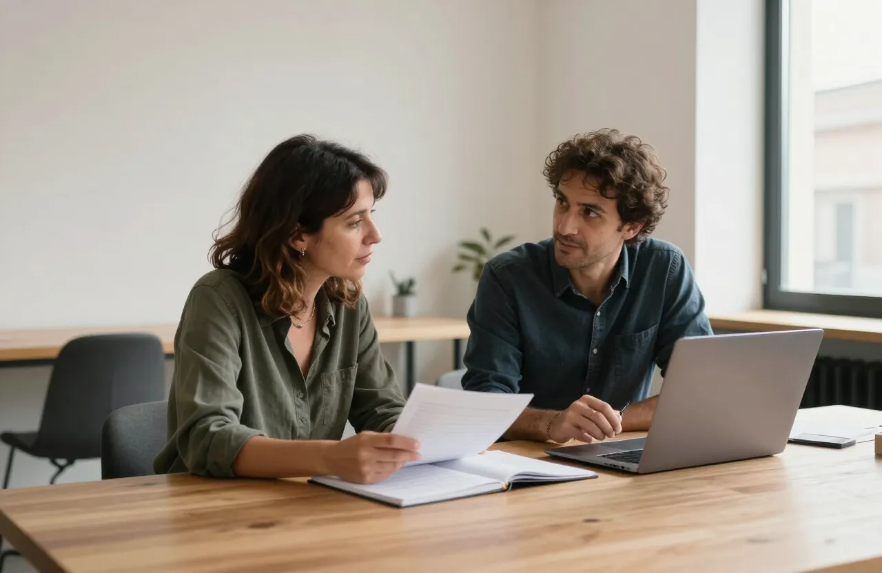 Dos profesionales conversando en una mesa de trabajo