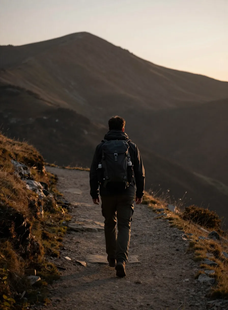 Persona caminando por un sendero de montaña al atardecer